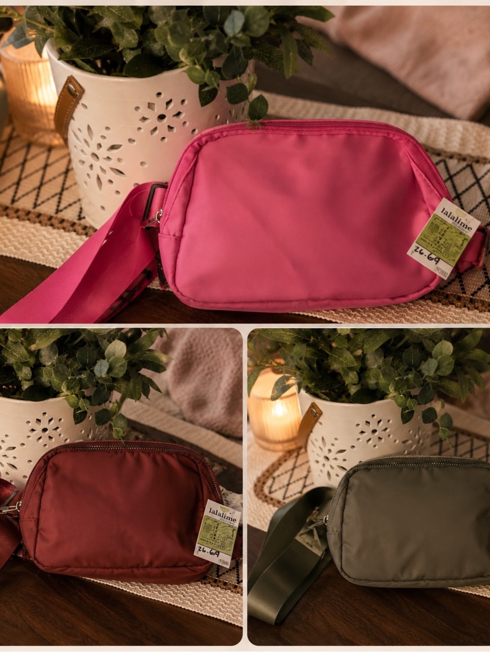 Pink, green, wine fanny pack or cross body bag